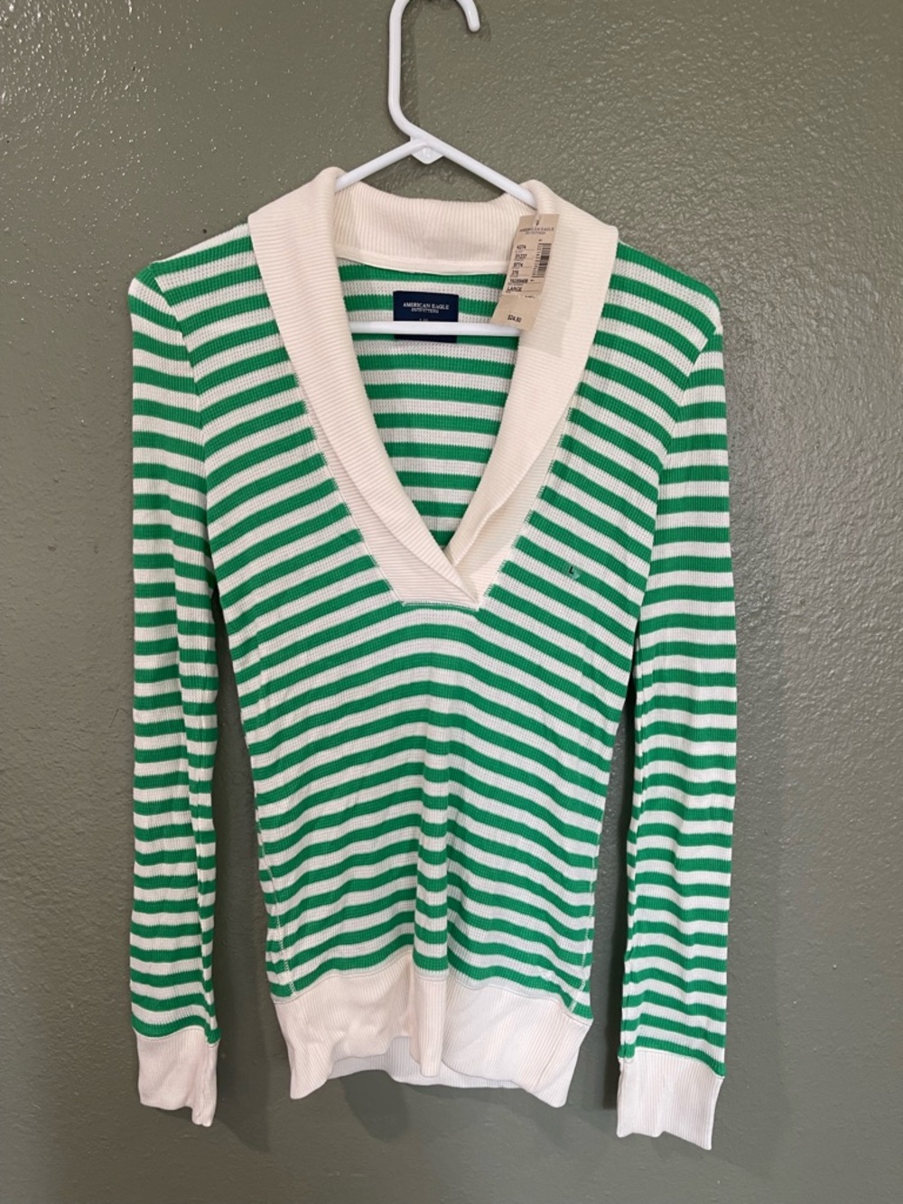 Y2K American Eagle Green & White Striped V-Neck Sweater